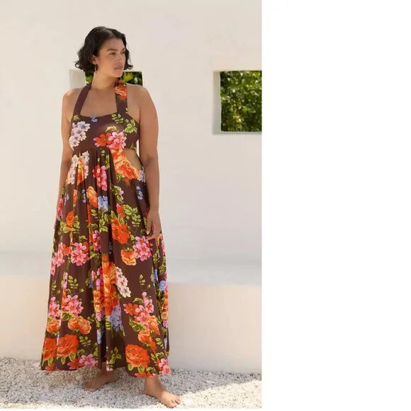By Anthropologie The Piper Bandeau Maxi Dress 3x brown floral plus size new nwt - Picture 1 of 7